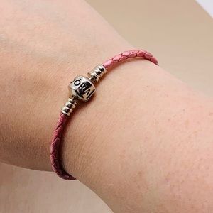 EUC Pandora Single Woven Pink Leather Bracelet 7.1”